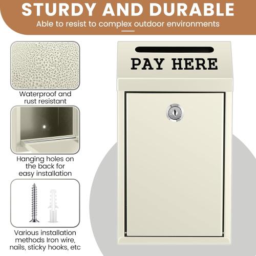 Yaocom Metal Money Cash Box,Beige,10.2 X 5.7 X 2.8 Inch | Wall Mount Pre-drilled Farm Stand Outdoor, Lockable Drop Slot for Donations, Pay Here Self-serve Safe Cash Lock Box