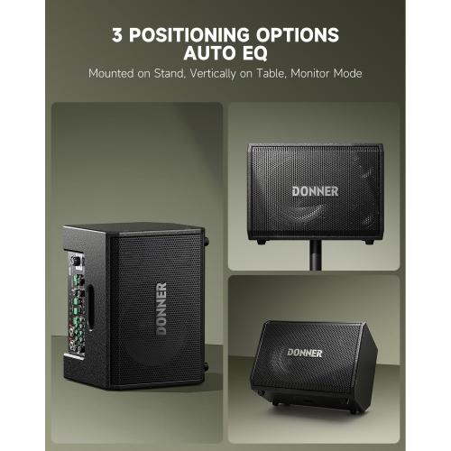 Black Donner MT-1 Portable PA System, 300W Wireless BT Speaker Sound Amplifier, 4-6h Outdoor Use, with Two 2.5 Trebles, 8 Woofer, Support TRS 6.35/USB/AUX/Mic Inputs