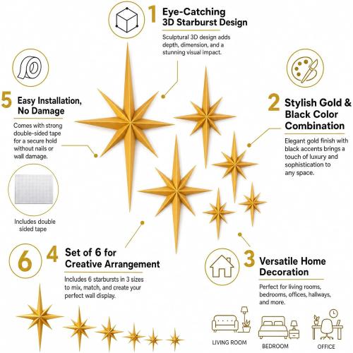 Shudyear 2 Pack Starburst Wall Decor Set, Retro Mid Century Modern Star Wall Art, Gold/Black Plastic Celestial Wall Sculptures for Living Room, Bedroom, Apartment Decor (Gold)