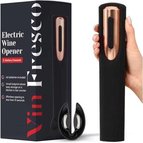 Electric Wine Opener Battery Operated with Stand and Built-in Foil Cutter - Automatic Wine Opener - Electric Corkscrew for Easy Cork Removal - Best Gift for Wine Lover (Black & Rose Gold)