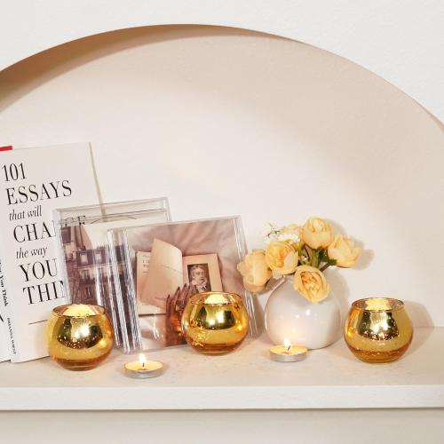 Homemory 24 Pcs Gold Votive Candle Holders, Round Mercury Glass Candle Holder, Tealight Candle Holders for Table Centerpieces, Baby Shower,Anniversary, Wedding, Home Decor, Halloween, Christmas