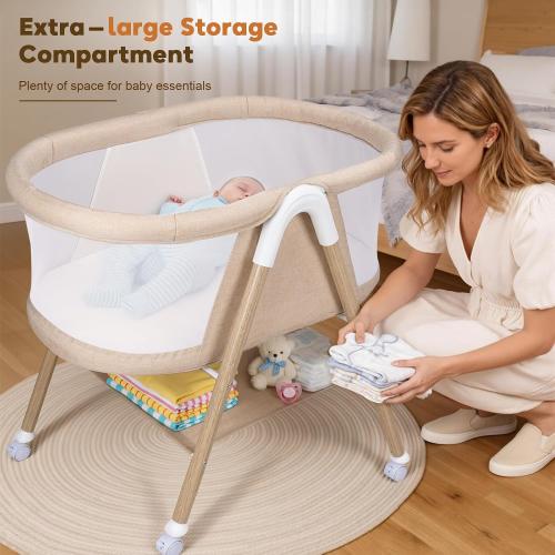 Uuoeebb Baby Bassinet, Bassinet Bedside Sleeper, Upgrade Safety Bedside Bassinet for Baby with 360° Silent Wheels, Storage Tray Basket, Breathable Mesh, Easy Move, Easy to Install,Khaki