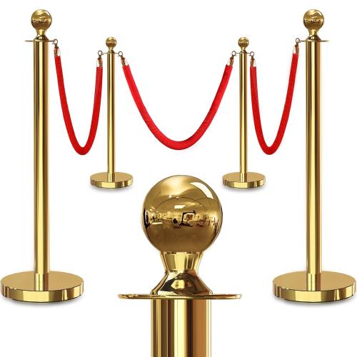 4PCS Gold Stanchions Posts with 3PCS 5 ft Red Velvet Rope, Red Velvet Rope Stanchion Set Crowd Control Barriers, Stanchions and Velvet Ropes Red Carpet Poles for Party Supplies