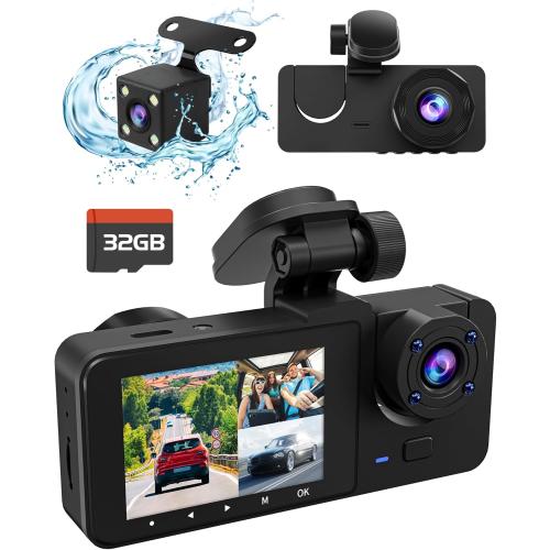 3 Channel Dash Cam,4K 1080P Dash Cam Front and Rear Inside, Dash Camera for Cars, Triple Car Camera with 32GB Card,Built-in G-Sensor, 2’’ IPS Display Car Camera,Loop Recording,24Hr Parking
