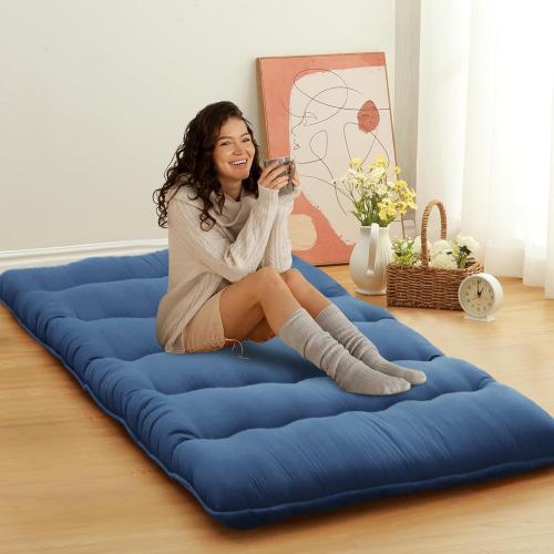 ROYGROW Japanese Futon Mattress for Kids, Japanese Futon Floor Ma Twin Size Sleeping Mattress, Tatami Mat, Roll Up Camping Mattress Pad, Wave Navy