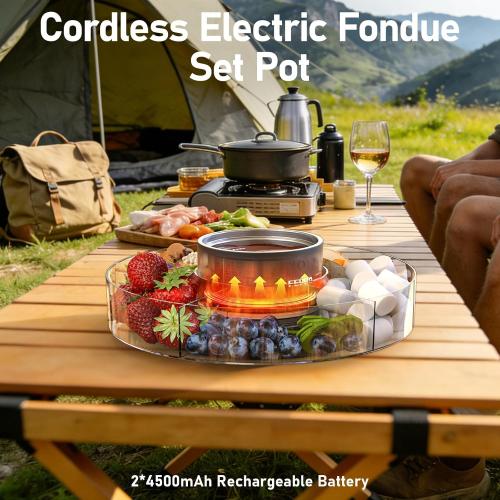 FEPPO Cordless Electric Fondue Pot Set with Mood Light, 2*4500mAh Rechargeable Battery Powered - 7 Roulette Cards & Detachable Serving Tray, 13.5 oz Chocolate Melting Machine, Ideal Gift for Parties