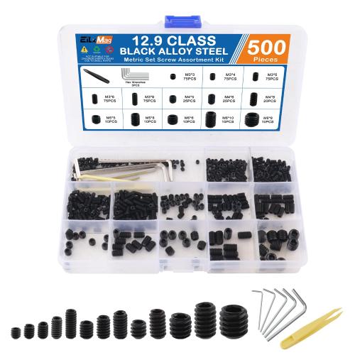 500PCS Set Screws, 13 Sizes Metric Set Screw Assortment Kit, M3, M4, M5, M6, M8 Allen Head Hex Socket Head Grub Screws for Bathroom Fixtures, Alloy Steel Black(5 Wrenches, 1 Tweezer)