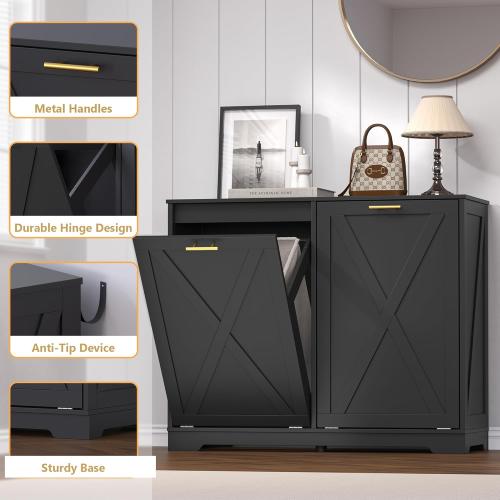 Color Black Tilt Out Trash Can Cabinet for 2 Bins, Hidden Recycle Garbage Bin Enclosure, Wooden Double Laundry Cabinet with Odor Control, Negative Ion & Ozone, for Kitchen, Bathroom, Laundry Room