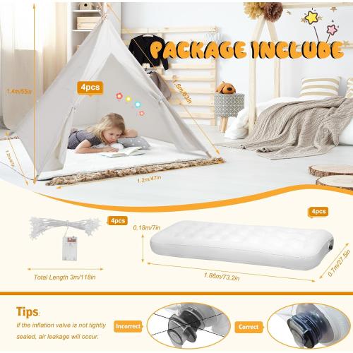 4 Pack Teepee Tent for Kids [Thickened] with Light String and Inflatable Airbed, Slumber Party Tents, Sleepover Tents Party for Girls Boys Indoor Outdoor (White)