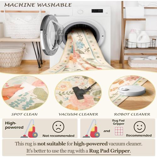 Floral 6x9 Area Rug Machine Washable Soft Print Boho Carpet Non Slip Doormat Low Pile Flower Area Rugs for Living Room Bedroom Nursery Kitchen Dining Room Indoor-Beige/White/Orange