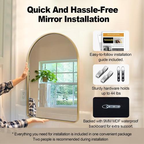 Size 20x30 Color  Gold ANDY STAR Brass Mirror, Size 20x30 Gold Arched Mirror, Brass Bathroom Mirrors for Wall in SUS304-Anti-Rust, Seamless Tube Metal Frame, Wall-Mounted Vertical 1’’ Deep