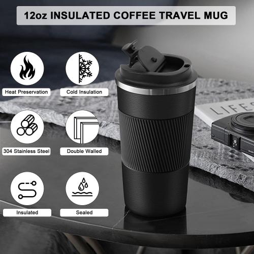 12oz Travel Mug for Car with Leakproof Lid, Coffee Cup Insulated Double Walled Vacuum Stainless Steel Travel Tumbler for Keep Hot & Ice Coffee Tea Beer (Black)