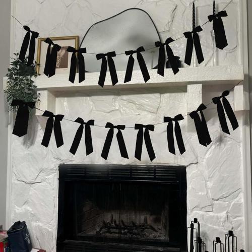 2 Pack Black Bow Garland Banner - 16 Prestrung Satin Black Bows Garland for Bridal Shower Decorations,Bachelorette Party, Birthday Party, Wedding Wall & Holiday Decor Coquette Decor