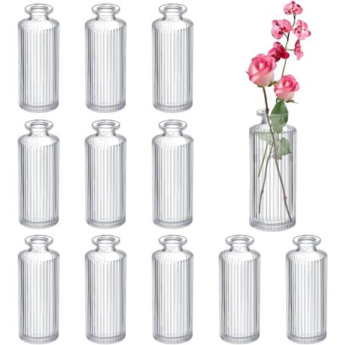 Glass Bud Vases Set of 12, Ribbed Bud Vases in Bulk, Mini Vases for Centerpieces, Small Clear Vintage Vase for Table Decorations, Wedding Decor, Home (Ribbed)