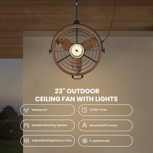 Outdoor Ceiling Fan with Lights, 23‘’ Waterproof Gazebo Fan with Remote Control Smart App, Plug in Caged Ceiling Fan for Patios, Pergola Porch