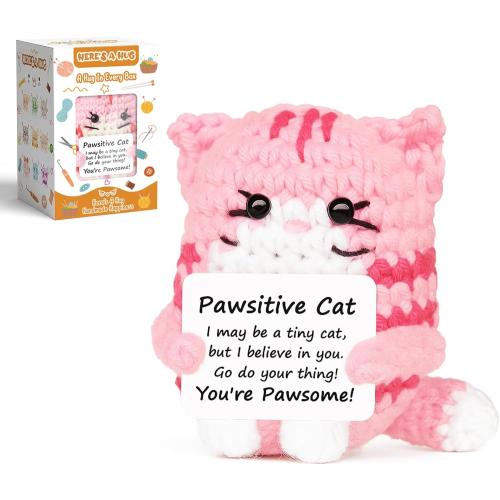 Positive Crochet Cat Mini Animal Emotional Cheer Up Support Gifts, Inspirational Crochet Handmade Kitten for Women Men Friends Mom Daughter Son Teen Birthday Mothers Day Decor Graduation Gift (Pink)