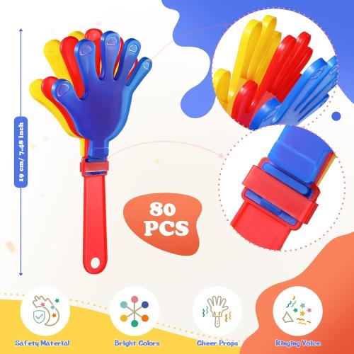Pack of  80 Pcs 7.5 Inch Hand Clappers Noisemakers Bulk Clappers Noisemakers Party Favors Mini Hand Soundboard Plastic Noise Makers for Sporting Events Fiesta Birthday Game Rewards Cheers Supplies