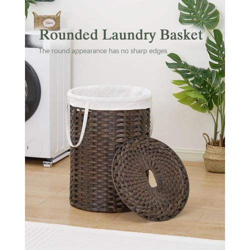 SETVSON Laundry Basket with Lid Round Rattan Laundry Hamper with Lid and Handles 29.1 Gal (110 L) Handwoven Woven Basket with Removable Bags and 2 Mesh Bags for Bathroom Living Room Brown