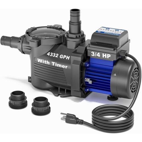 AQUASTRONG Above Ground Pool Pump 115v High Flow 1.25&1.5''adapter Powerful Self Primming Swimming Pool Pumps with Filter Basket,4332GPH 3/4 HP with Timer