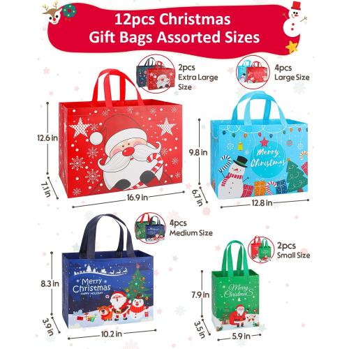 Christmas Gift Bags Assorted Sizes, Extra Large/Medium/Small 12PC Christmas Tote Bags with Handles, Heavy Duty Non-Woven Christmas Shopping Bags, Party Favor Bags, Large Holiday Bags for Presents Bulk