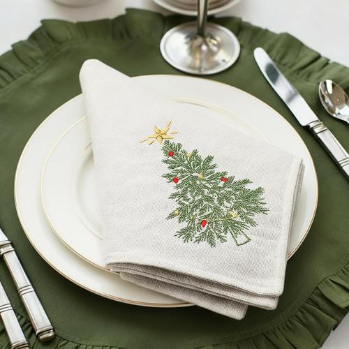 Newwiee Christmas Linen Napkin Set of 4 100% Linen Cloth 20 Inch Christmas Tree Embroidered Napkin Square Dinner Serviette Soft & Durable Holiday Table Decor Xmas Wedding Cocktail Party Supply