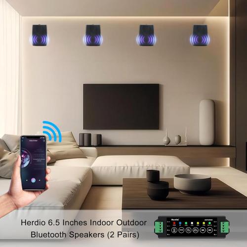 Herdio 6.5 Inch 800W Outdoor Bluetooth Speakers Wired Waterproof with Multifunctional Amplifier, Wall Mount Speaker for Patio Home Poolside Deck Backyard(2 Pairs,Black)