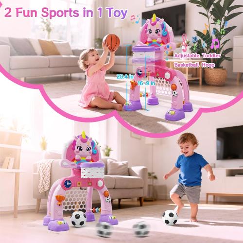 Unicorn Toddler Basketball Hoop & Soccer Goal with Light & Music, 2-in-1 Sports Toy for 1-3 Year Old Boys & Girls, Toys for 1  Year Old Girls, Birthday for Baby Kids