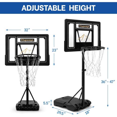 Color Black Pool Basketball Hoop Poolside Height Adjustable Portable Basketball Hoop for Pool with Shatterproof Backboard and Weather-Resistant Steel Screws/Brackets, Includes Ball and Air Pump