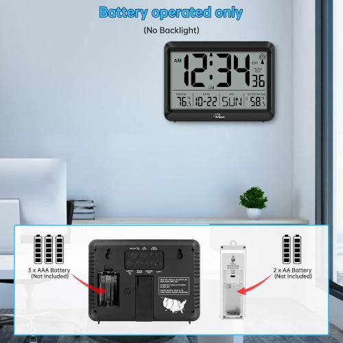WallarGe Atomic Clock with Indoor Outdoor Temperature - 8.5'' Digital Clock Battery Operated, Self-Setting, 4 Time Zones, DST