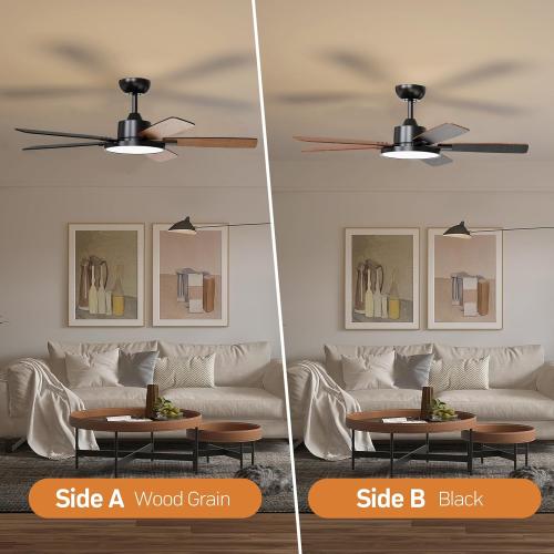TALOYA 52 Inch Black Smart Ceiling Fans with Lights Led Remote Control Flush Mount Low Profile for Bedroom Living Dining Room Outdoor Farmhouse Patio,Reversible,DC Motor,3 Color Temperatures,5 Blades