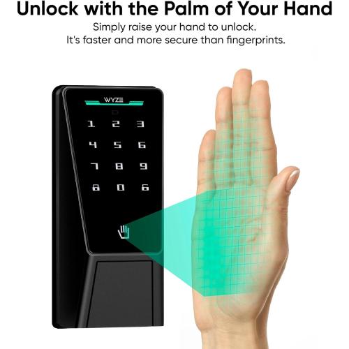 Wyze Palm Lock, Smart Door Lock with Palm Vein Recognition, Keyless Entry Smart Locks for Front Door, Keypad, Auto Lock, Dual Battery, Wi-Fi, Works with Alexa & Google, BHMA, IP53, Mechanical Key