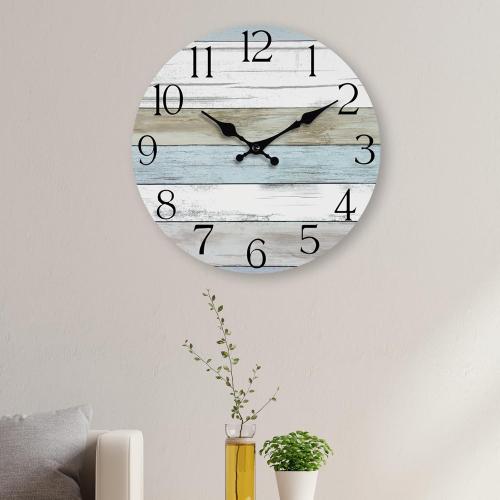HYLANDA Wall Clock, 14 Inch Wall Clocks Battery Operated Silent Non Ticking, Large Wooden Clocks Decorative for Kitchen, Bathroom, Bedroom, Living Room Blue White