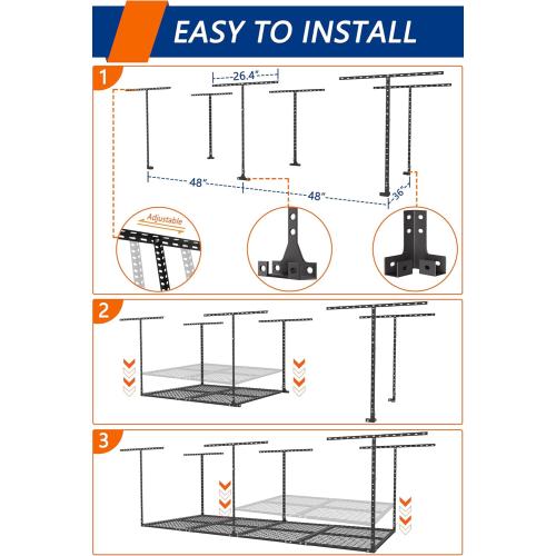 3 x 8FT Overhead Garage Storage Rack, Adjustable Ceiling Storage Racks, Garage Shelving Heavy Duty Storage Organizer System, 600lbs Weight Capacity (Black)