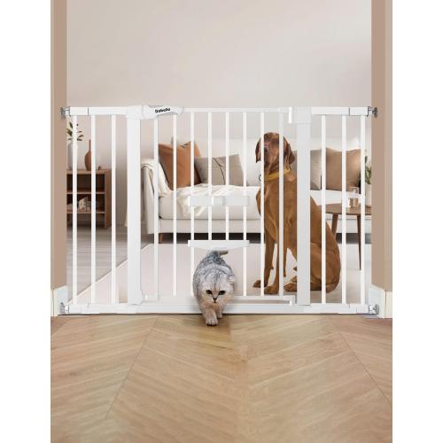BABELIO 29-48 Extra Wide Baby Gate with Cat Door,Auto Close Metal Pet Door for Stairs, Doorways, House, Pressure/Hardware Mounted, Easy Walk Thru, White