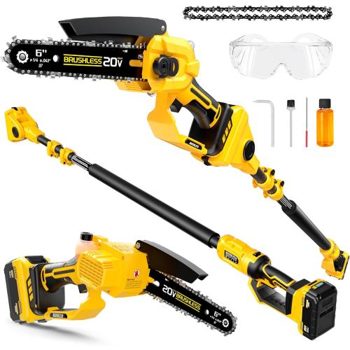 Size 14.2Ft Color yellow 2-in-1 Cordless 6 Inch Pole Saw & Mini Chainsaw, 20V MAX* 3.0 Ah Battery Powered Chain Saw, Brushless Motor, Lightweight (7.1 lbs), 14.2 FT Max Reach Pole Saw for Tree Trimming, Wood Cutting