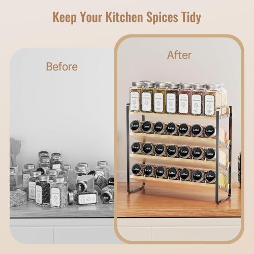 MUDEELA 4 Tier Spice Rack Organizer for Cabinet, Wooden Vertical Spice Shelf, Seasoning Organizer for Countertop, Kitchen, Pantry, Freestanding, 13.4 W × 11.2 H (No Jars Included), Black