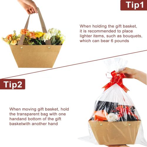 KEVTVEK Bigger Baskets for Gifts Empty, 6 Pack Sturdy Kraft Basket With Handles Gift Basket Kit, 6 Shrink Wrap Bags, 6 Bows and Hang Tag, Empty Gift Baskets to Fill for Easter Birthday Baby Shower