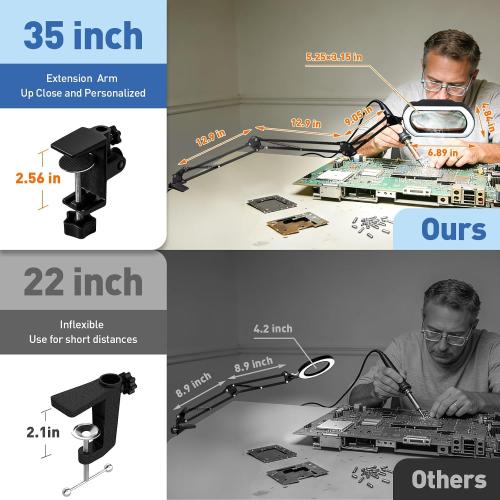 ‼️may be missing items ‼️HITTI 30X & 12X Square Ultra Long Magnifying Glass with Light and Clamp | 3-Section Arm, 5 Color Modes, Stepless Dimming, LED Desk Lamp for Soldering, Jewelry Making, Crafting, Fly Tying-Yellow