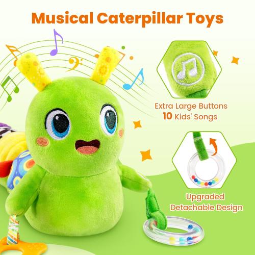 Baby Toys 0-6 Months, Washable Baby Musical Caterpillar Toys with 10 Children's Songs,Rattles,Teething Toys,Suitable for 0-6, 6-12 Months Infant Tummy Time Toy,Newborn Baby Boy&Gril Toy(Green)