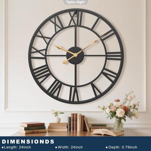 Size 24 Inch Large Oversized Farmhouse Modern Decorative Wall Clock for Living Room,Silent Industrial Big Roman Numerals Vintage Metal Round Wall Clocks for Kitchen,Dining Room,Office