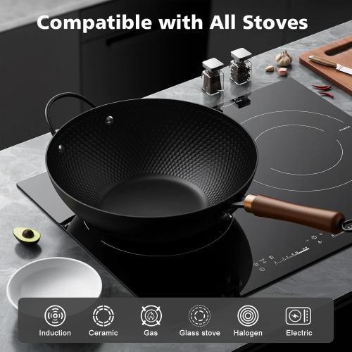Nonstick Wok, 13-Inch Carbon Steel Wok Pan with Glass Cover, Woks & Stir-Fry Pans for Induction, Electric, Gas, Halogen, All Stoves