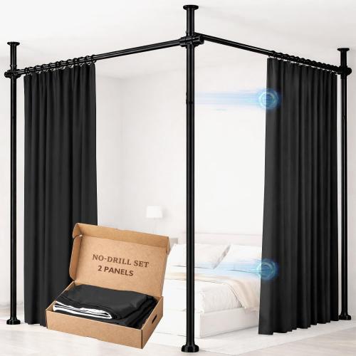 Room Divider Curtain Set-No Drilling Curtain Rod Set, Room Divider Wall for Partition Room Dividers, Bedroom Divider Black-100 W x 84 L(Pack of 2)