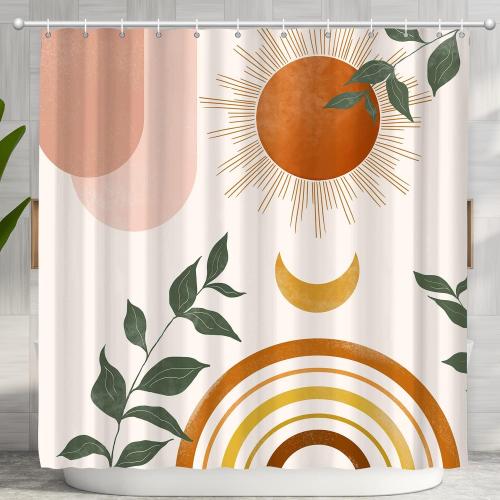 Size 72x72 Mid Century Abstract Boho Orange Aesthetic Shower Curtain Set, Spring Summer Pink Green Nature Leaf Sun Modern Minimalist Home Bathroom Curtain Decor with 12 Hooks 72x72 Inches