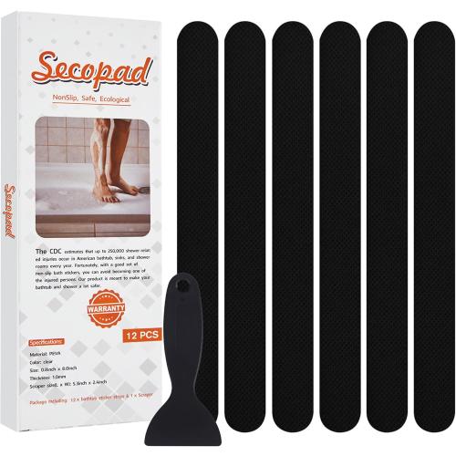 Secopad Original Anti-Slip Shower Stickers for Bathtub & Shower Floor, Strong Adhesive Safety Strips with Scraper Ideal for Families with Kids, Adults & Seniors, 24 PCS (Black)