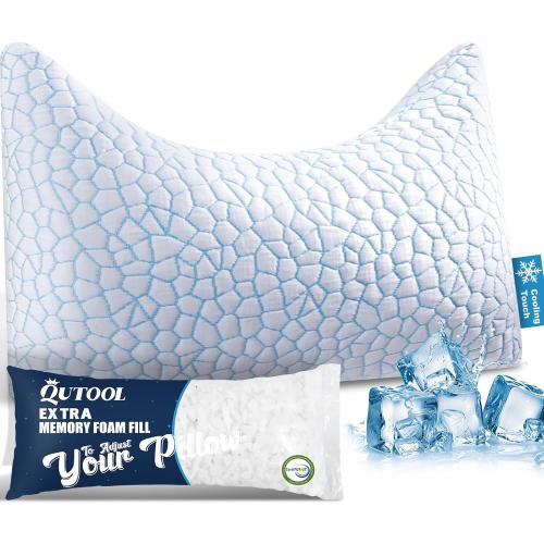 QUTOOL Cooling Side Sleeper Pillow for Neck and Shoulder Pain Relief, Adjustable Curved Shredded Memory Foam Bed Pillows for Sleeping, Queen 1 Pack with Additional Foam Fill Included (White)