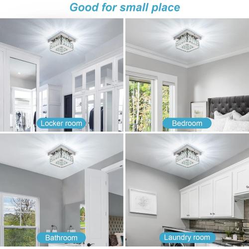 6.3 Crystal Ceiling Light Fixture, Mini Square Chandeliers 6500K Cool White Modern Flush Mount Ceiling Light, LED Small Chandelier for Hallway Bedroom Foyer Kitchen Bathroom
