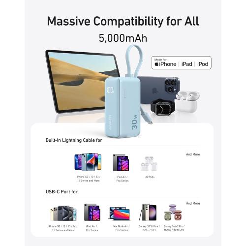 ANKER 3-in-1 Power Bank, 5,000mAh Portable Charger with Built-in Lightning Cable and Foldable AC Plug, 30W Max Compact Battery Pack, for iPhone 14 Series, Galaxy, MacBook, and More