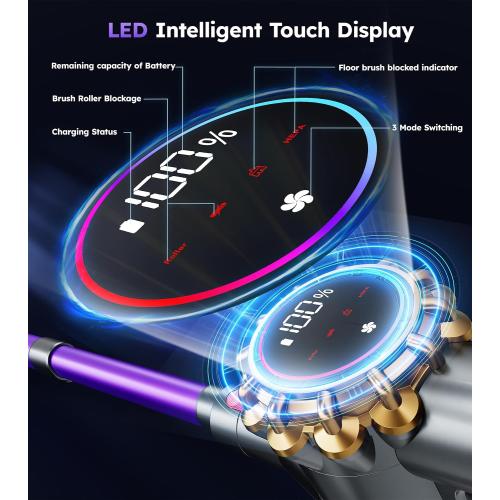 Cordless Vacuum Cleaner,Upgraded 550W 45KPA 60Mins Vacuum Cleaners for Home,Self-Standing Stick Vacuum with LED Display,8 in 1 Lightweight Anti-tangle Wireless Vacuum for Pet Hair Carpet Hard Floors