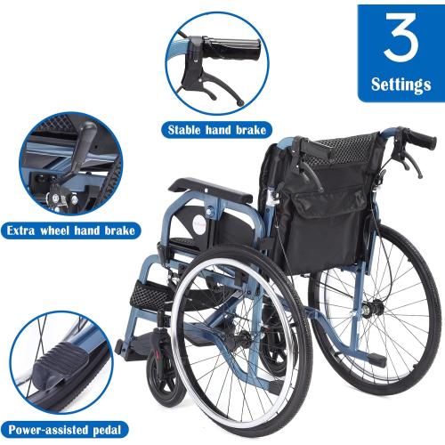 Medwarm Foldable Lightweight Wheelchairs with Handbrakes for Adults, Weights Only 30 lbs, Transport Wheelchairs with Flip Up & Height Adjust Armrest (22inch Rear Wheel)