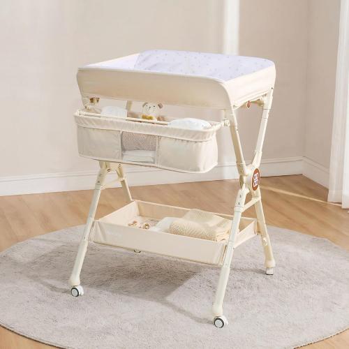 Maydolly Changing Table，Portable Diaper Changing Station, Foldable Baby Changing Table,Compact Nursery Diaper Changing Table for Baby，Adjustable Height，Mobile on Wheels (Beige)